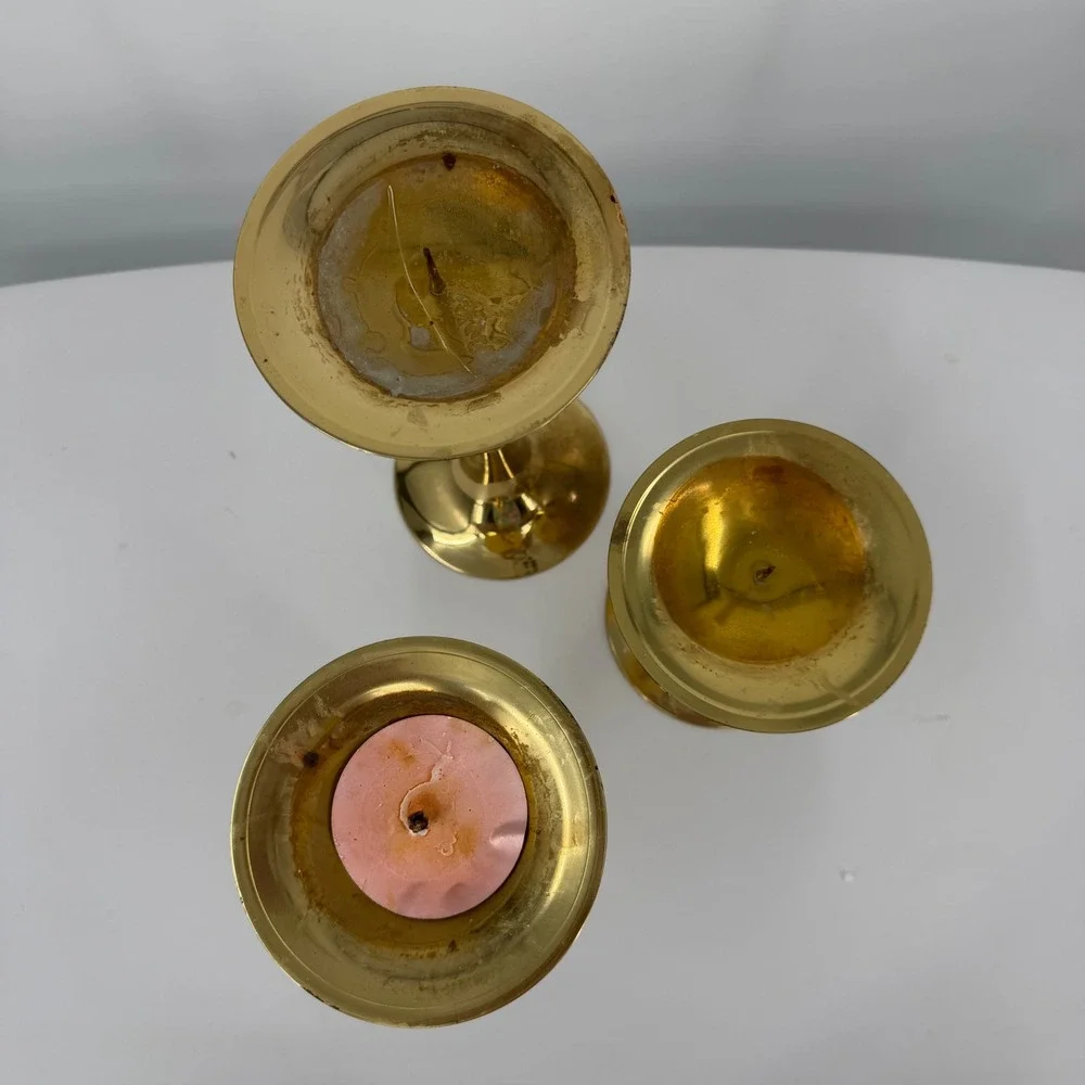 Vintage Graduated Lacquered Brass Spike Candle Holder Set  3 Made in India Gold